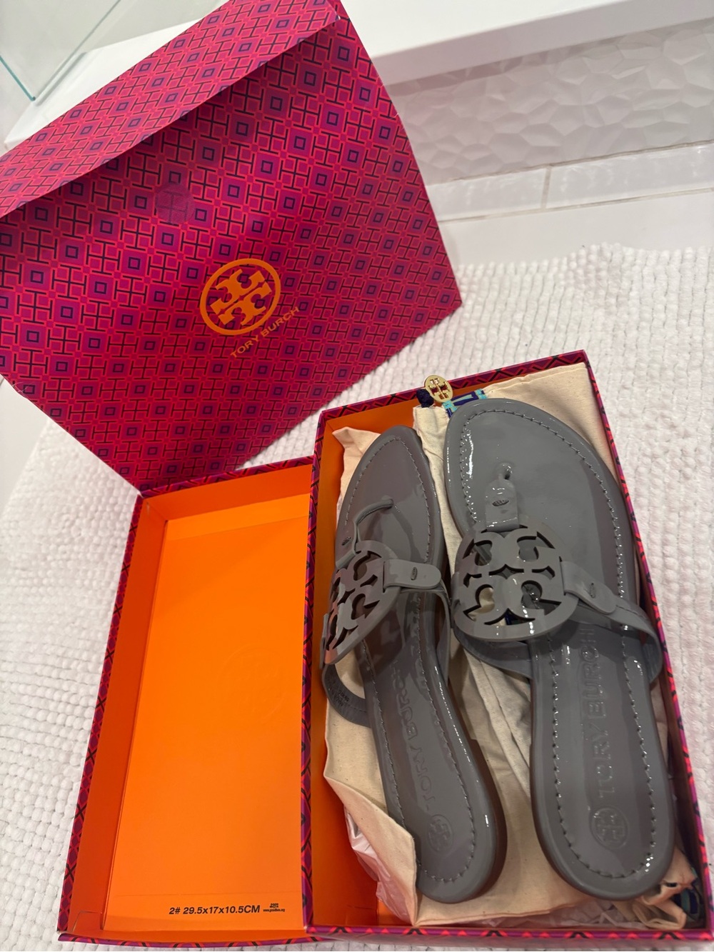 Tory Burch Patent Gray Miller Logo Thong Sandals